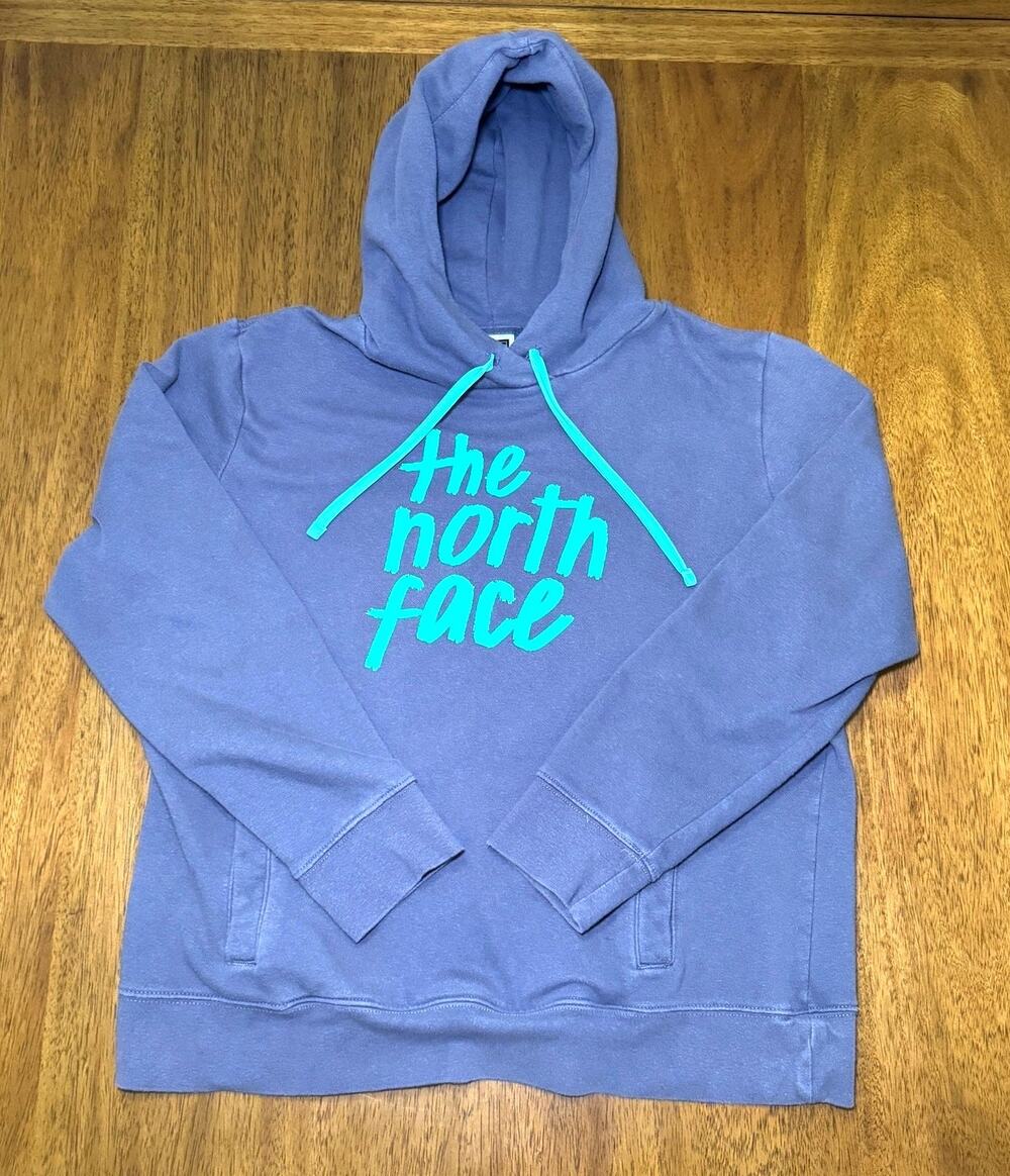 The North Face Womens XL Purple Blue Script Logo Pullover Hoodie Sweatshirt